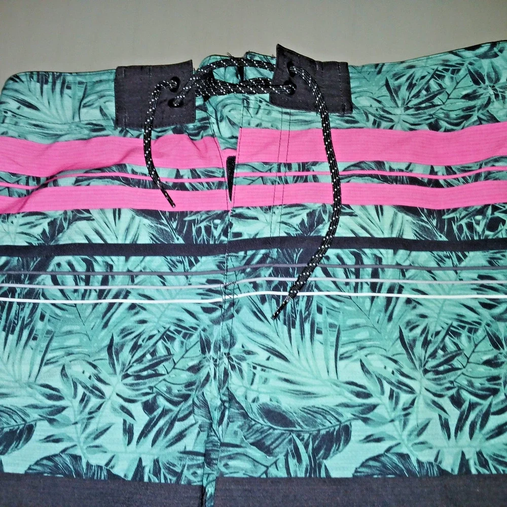 Mens Lined Board Swim Shorts Med Black Tropical Fly Cargo Pocket Lace Up Beach